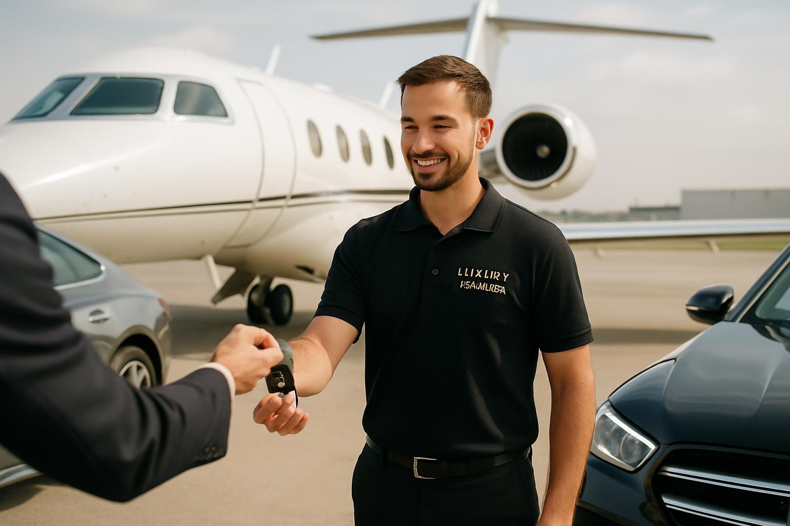 valet parking adulto recibiendo las llaves de coches modernos al lado de un avion con un polo negro y letras doradas que dicen 'Luxury Aparca'